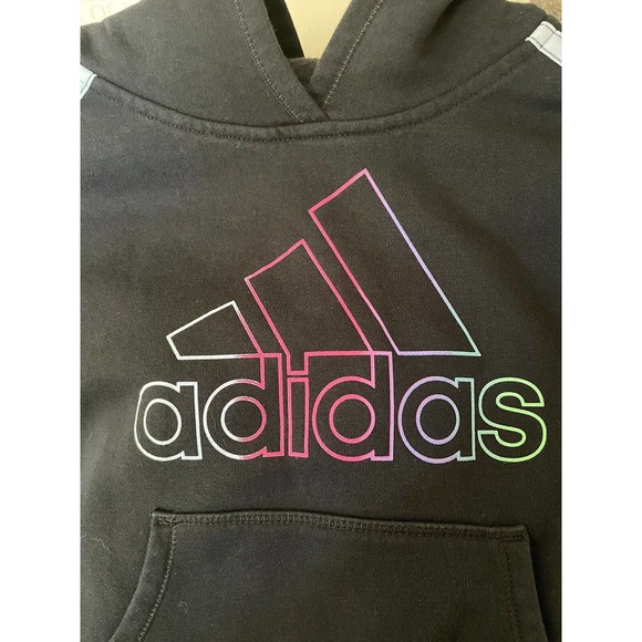 Adidas Girls Size 6 Pullover Hoodie Sweatshirt Black Rainbow Stripes Big Logo - Picture 3 of 5